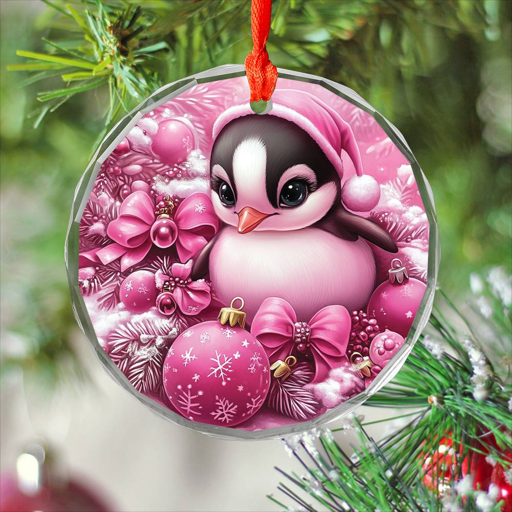 Penguin Pink Christmas Design 1 Glass Ornament