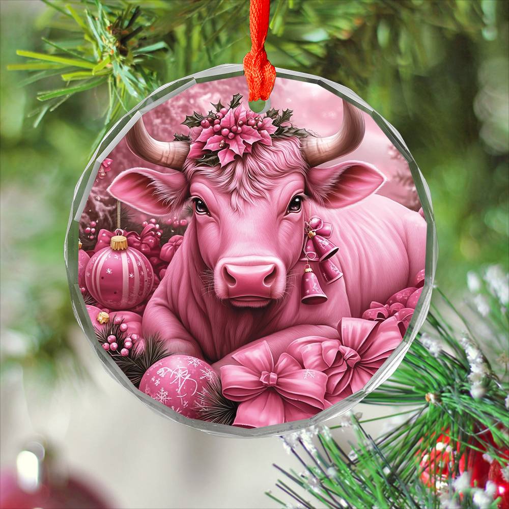 Bull Pink Christmas Design 1 Glass Ornament