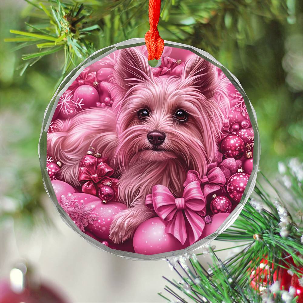 Yorkshire Terrier Dog Pink Christmas Design 2 Glass Ornament