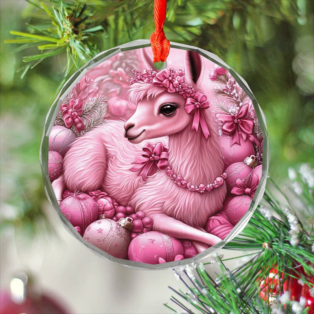 Llama Pink Christmas Design 4 Glass Ornament