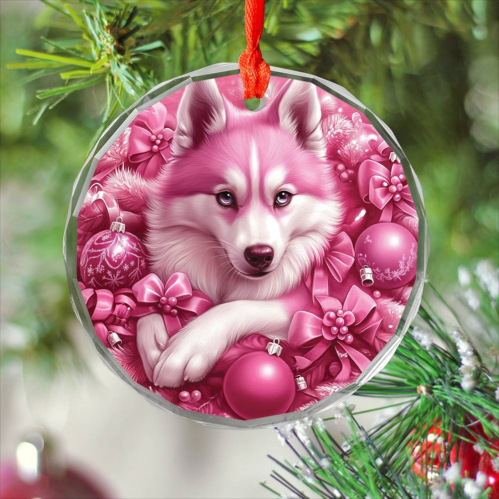 Siberian Huskie Dog Pink Christmas Design 2 Glass Ornament