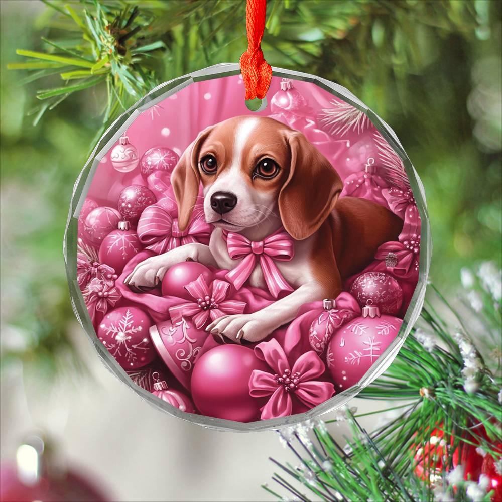 Beagle Dog Pink Christmas Design 2 Glass Ornament
