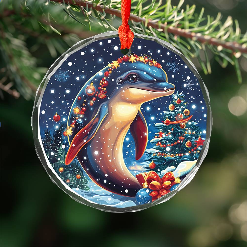 Beautiful Angus Dolphin Christmas Night Design 3 Glass Ornament