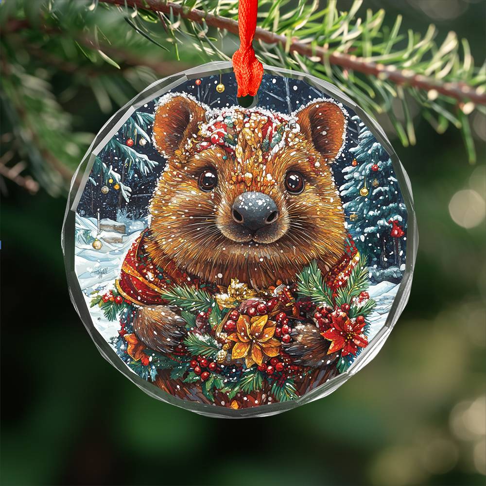 Beautiful Angus Wombat Christmas Night Design 1 Glass Ornament