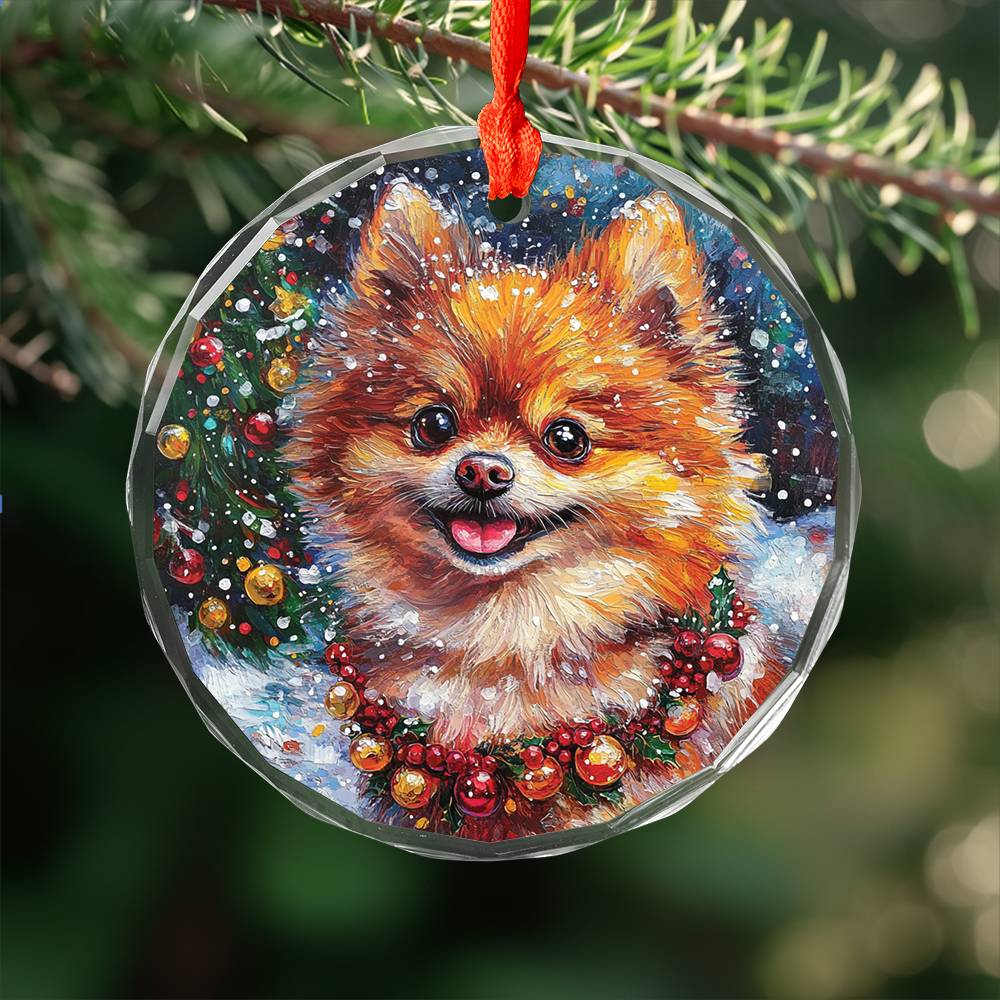 Beautiful Angus Pomeranian Dog Christmas Night Design 1 Glass Ornament