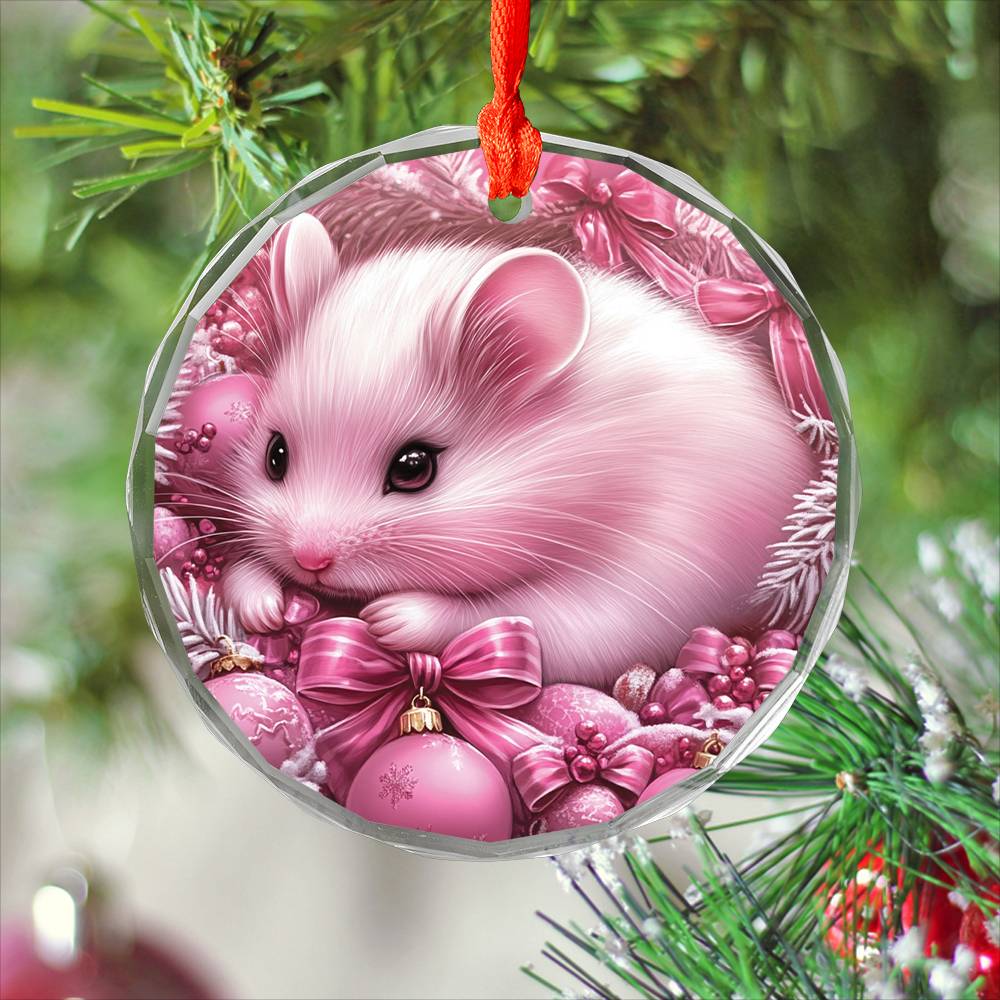 Hamster Pink Christmas Design 2 Glass Ornament