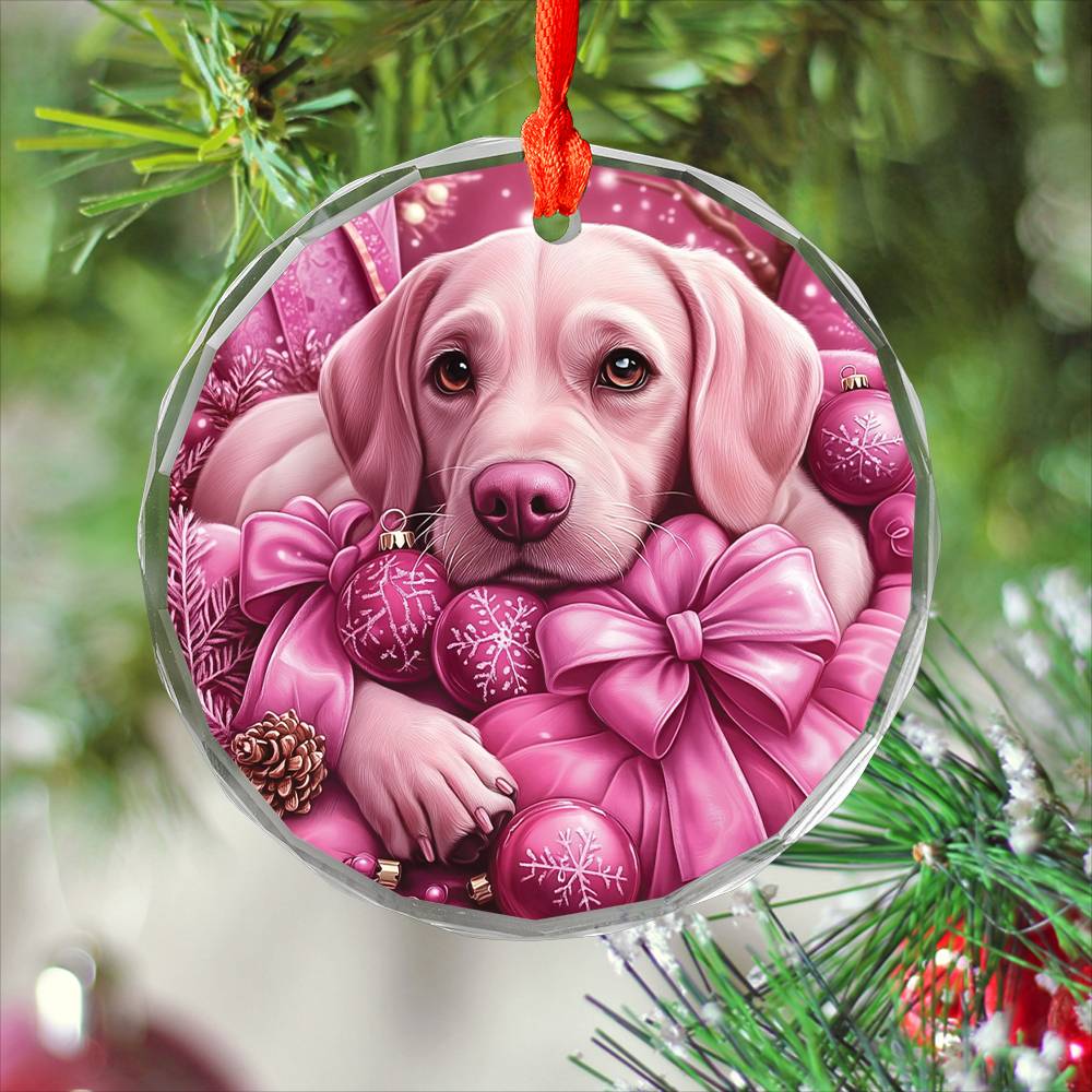 Labrador Retriever Dog Pink Christmas Design 4 Glass Ornament