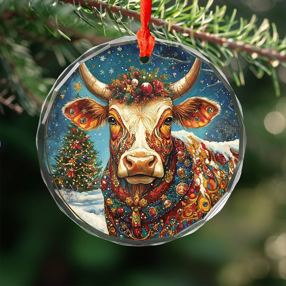 Beautiful Longhorn Cow Christmas Night Design 1 Glass Ornament