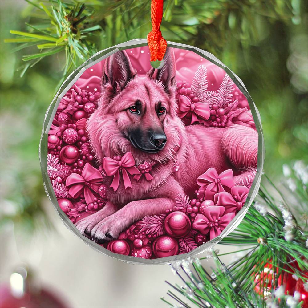 German Shepherd Dog Pink Christmas Design 1 Glass Ornament
