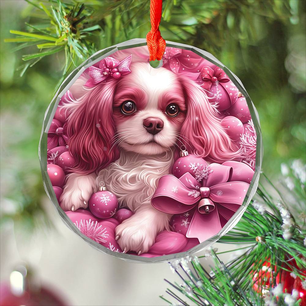 Cavalier King Charles Spaniel Dog Pink Christmas Design 3 Glass Ornament