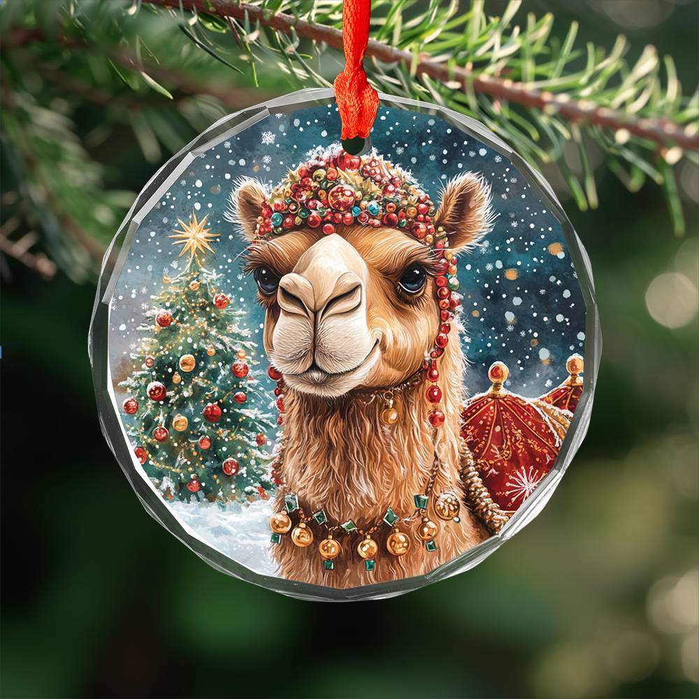 Beautiful Camel Christmas Night Design 3 Glass Ornament