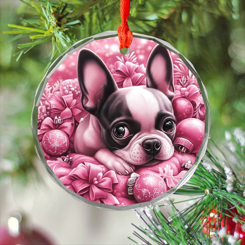 Boston Terrier Dog Pink Christmas Design 2 Glass Ornament
