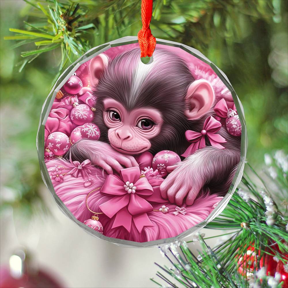 Monkey Pink Christmas Design 1 Glass Ornament