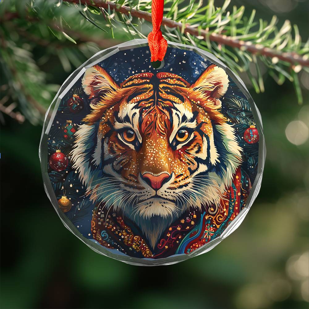 Beautiful Tiger Christmas Night Design 1 Glass Ornament