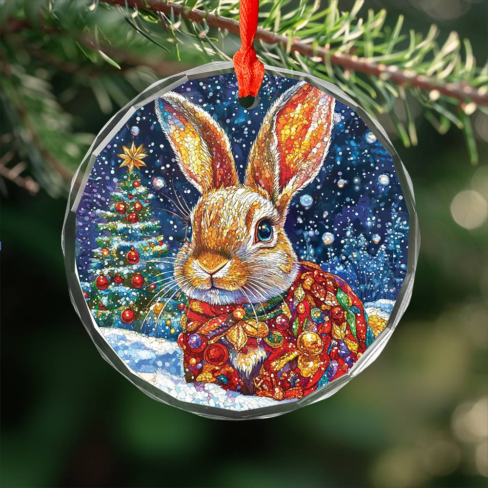Beautiful Rabbit Christmas Night Design 3 Glass Ornament