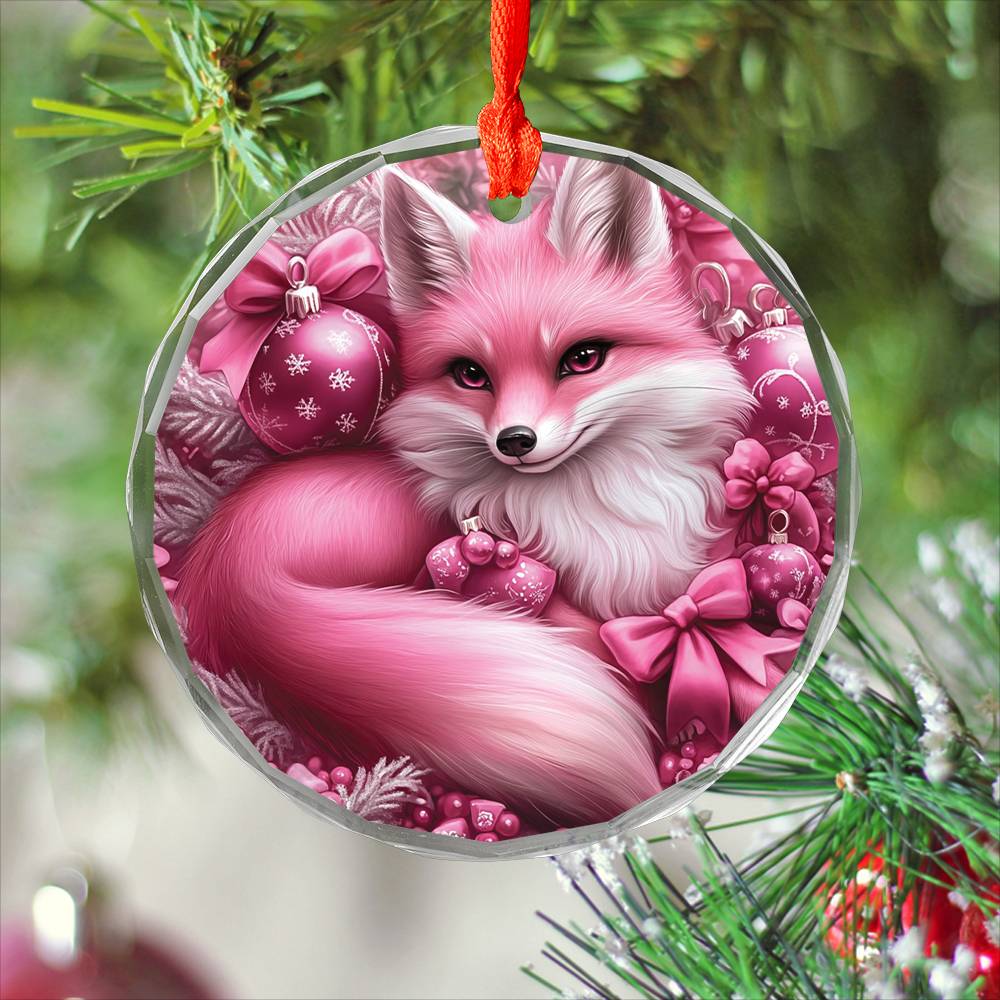 Fox Pink Christmas Design 4 Glass Ornament