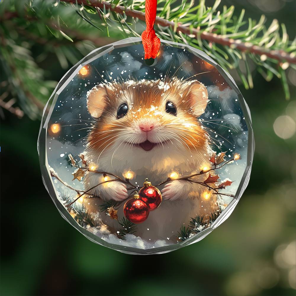 Beautiful Hamster Christmas Night Design 4 Glass Ornament