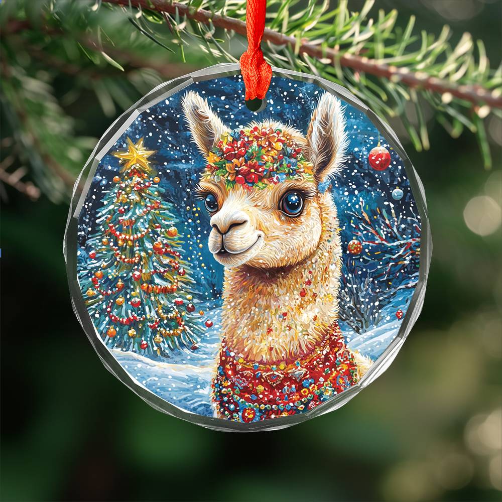 Beautiful Angus Alpaca Christmas Night Design 2 Glass Ornament