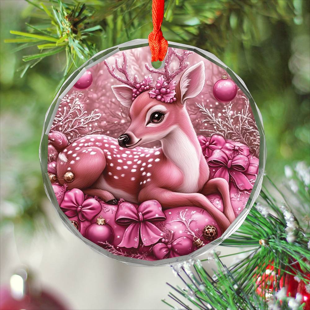 Deer Pink Christmas Design 4 Glass Ornament