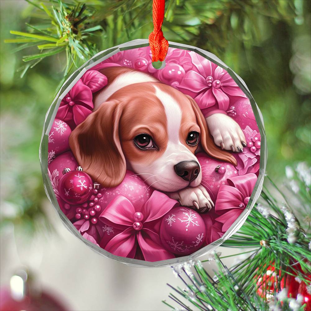 Beagle Dog Pink Christmas Design 3 Glass Ornament