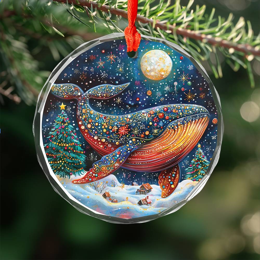 Beautiful Angus Whale Christmas Night Design 1 Glass Ornament