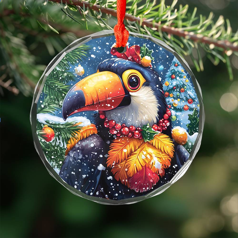 Beautiful Toucan Christmas Night Design 2 Glass Ornament