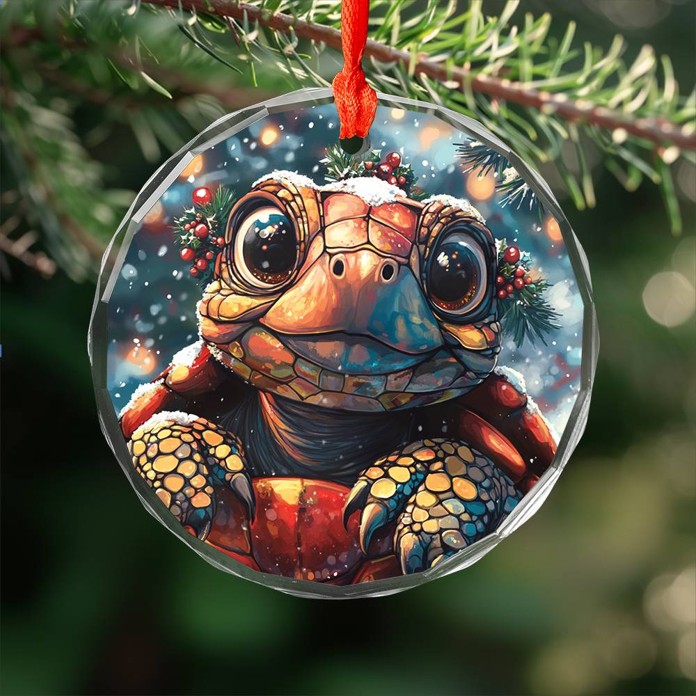 Beautiful Tortoise Christmas Night Design 3 Glass Ornament