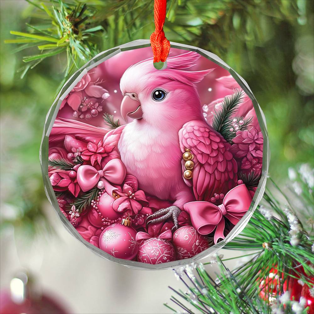 Parrot Pink Christmas Design 3 Glass Ornament