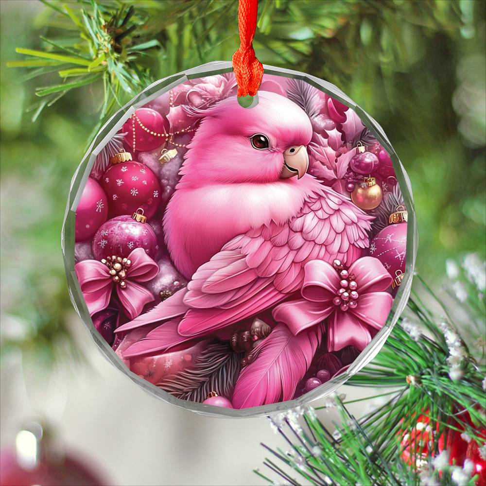 Parrot Pink Christmas Design 2 Glass Ornament