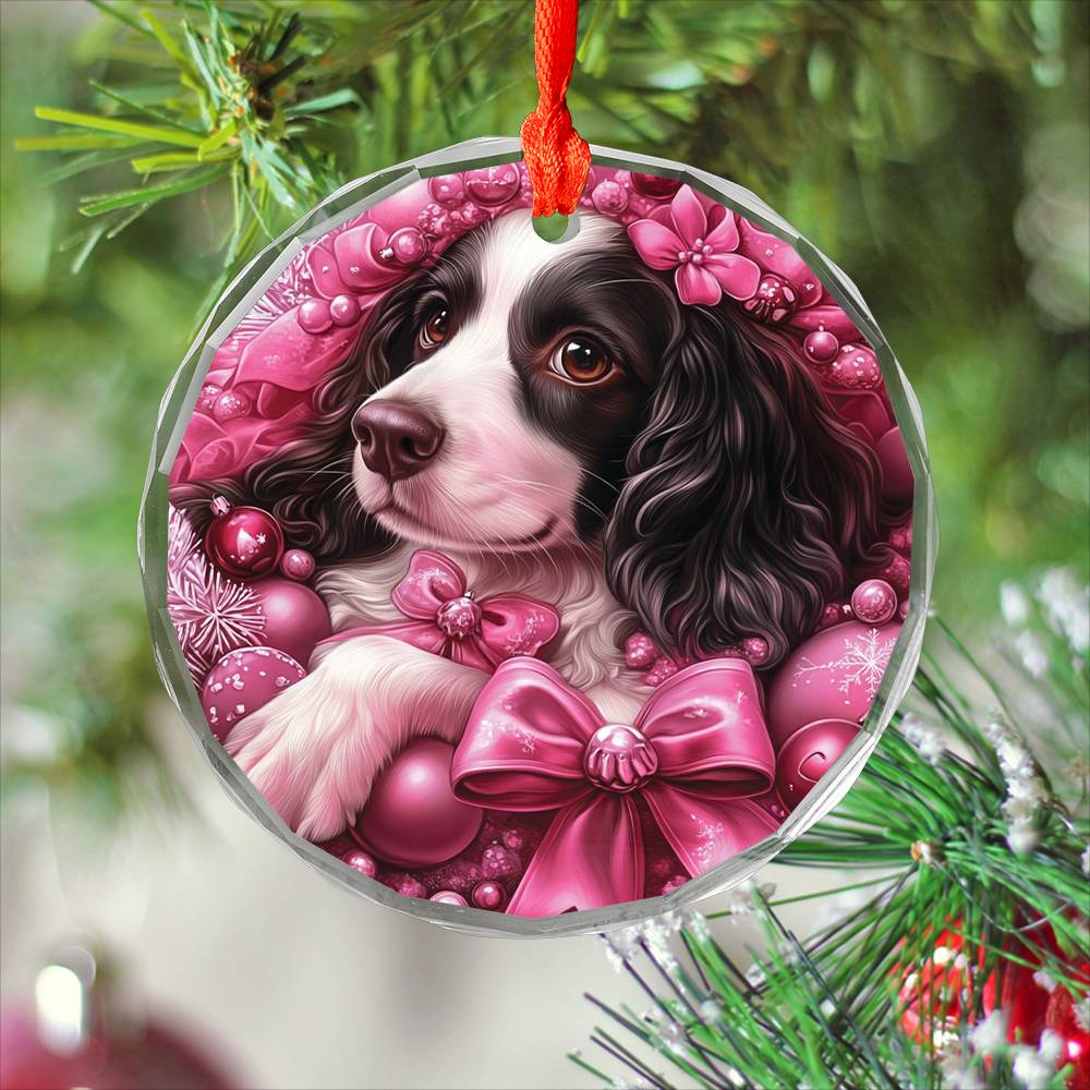 English Springer Spaniel Dog Pink Christmas Design 3 Glass Ornament