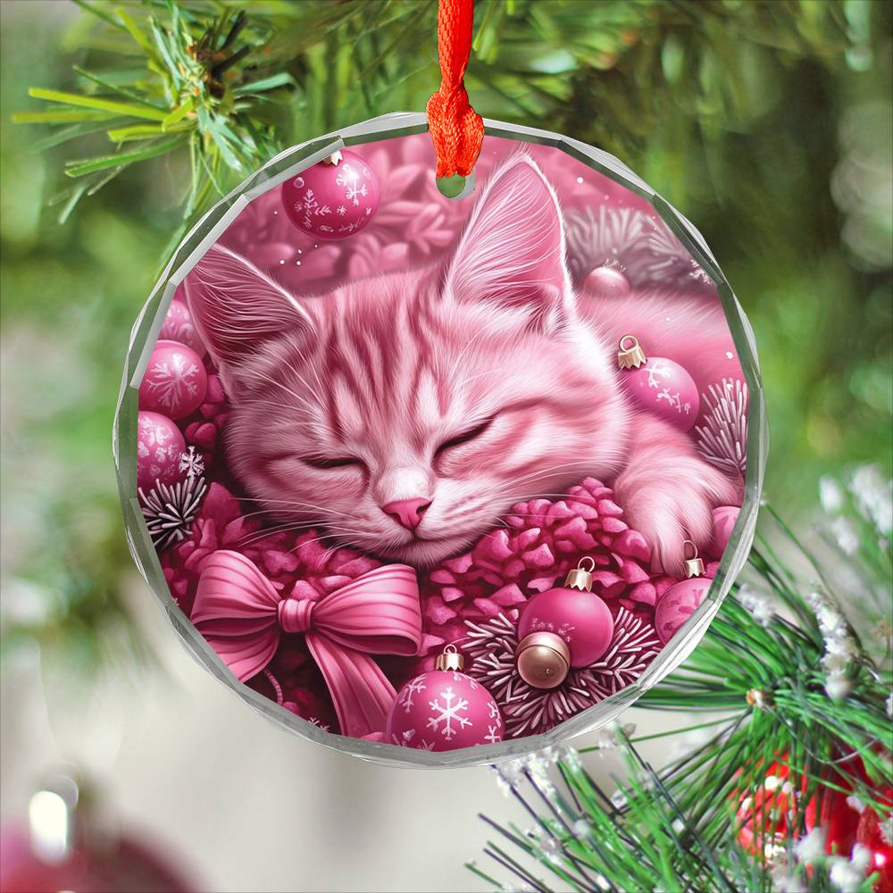American Shorthair Pink Christmas Design 1 Glass Ornament