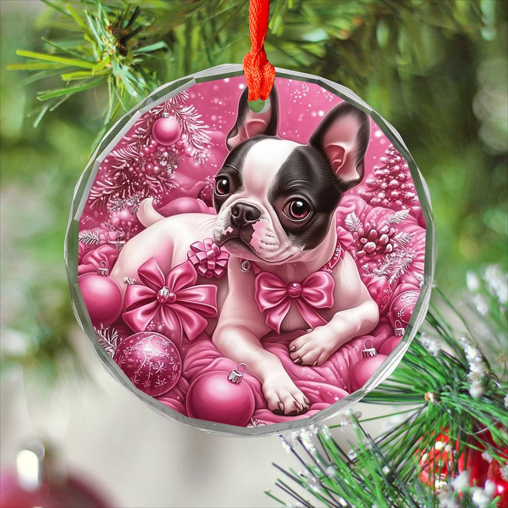 Boston Terrier Dog Pink Christmas Design 1 Glass Ornament