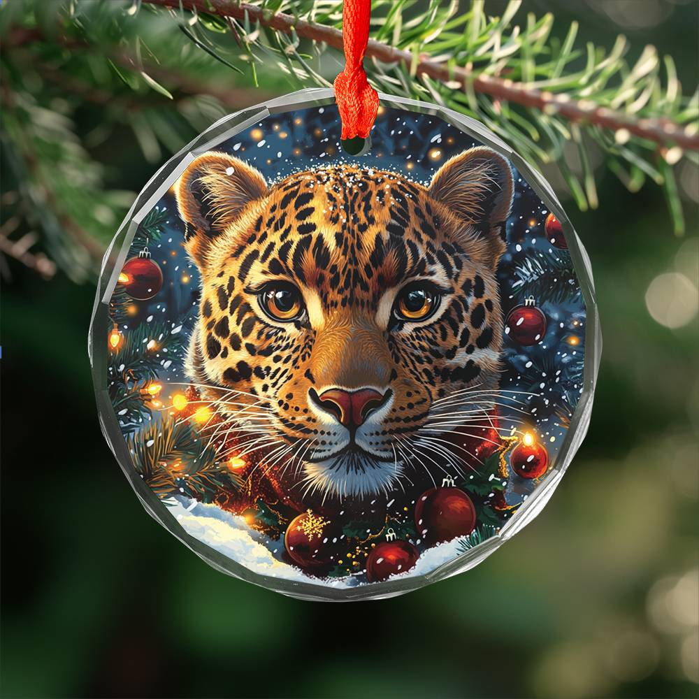Beautiful Leopard Christmas Night Design 3 Glass Ornament