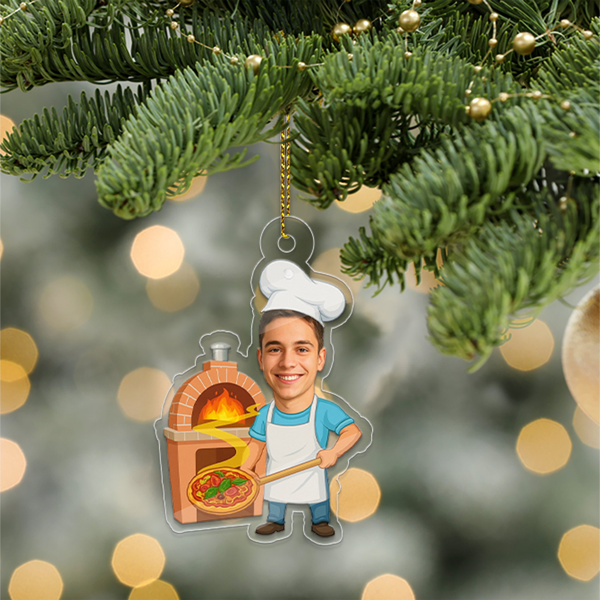 Custom Photo Pizza Maker Ornament, Personalized Photo Baker Portrait, Pizza Lovers Christmas Ornament