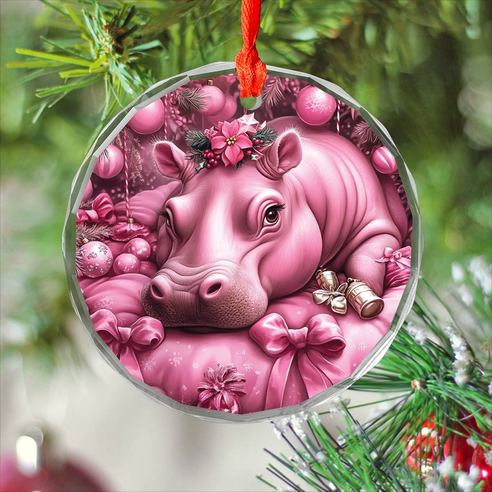 Hippo Pink Christmas Design 3 Glass Ornament