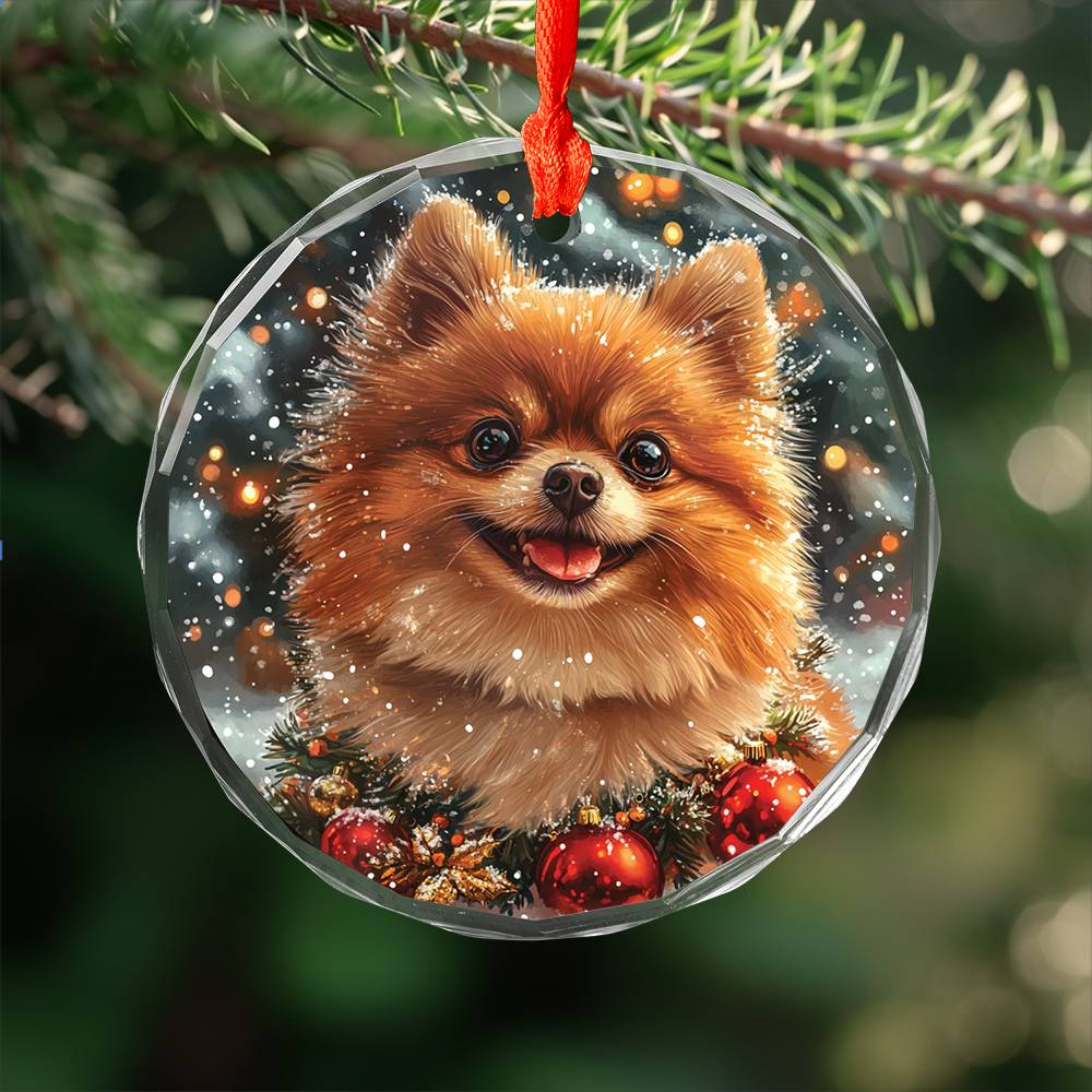 Beautiful Angus Pomeranian Dog Christmas Night Design 4 Glass Ornament