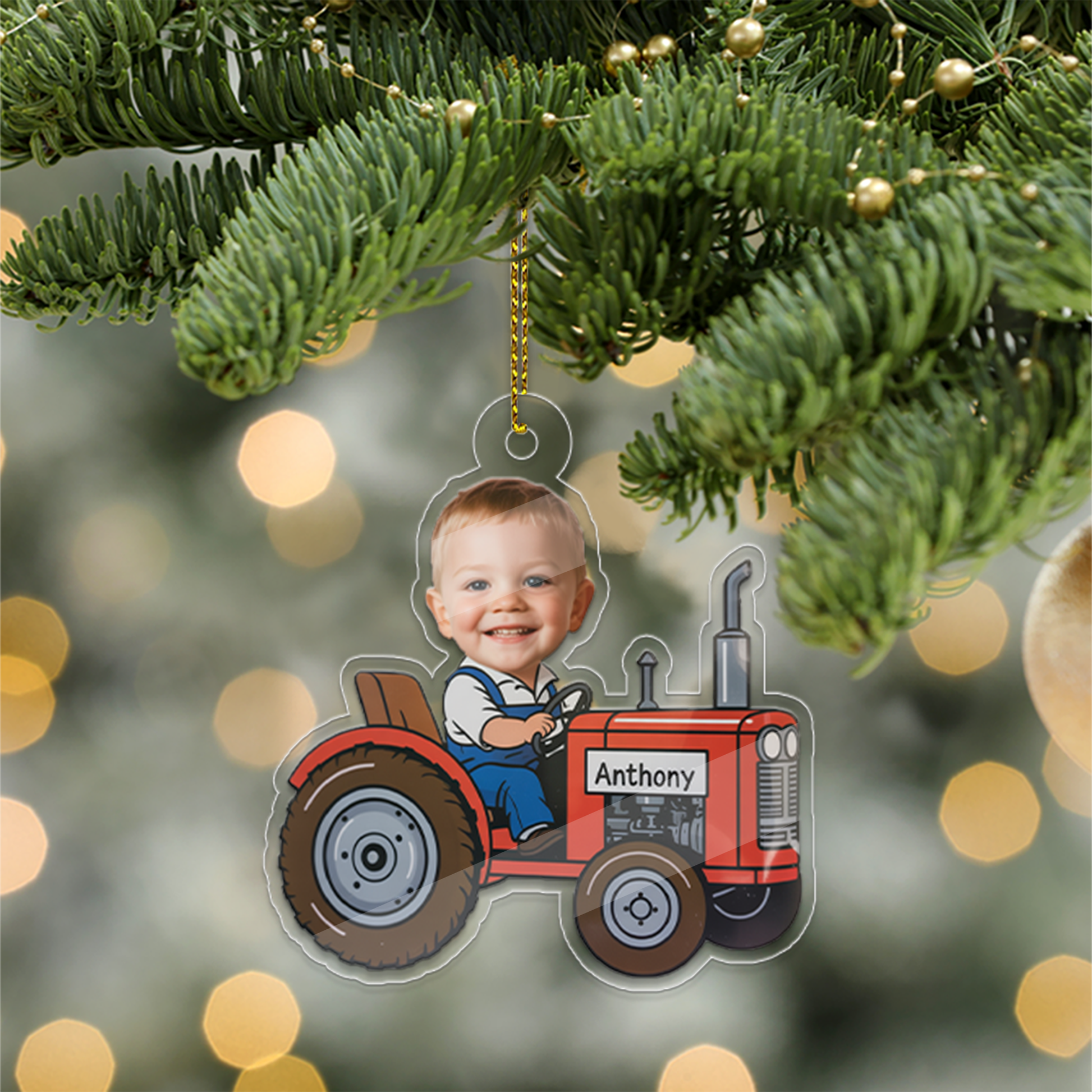 Custom Farmer Baby Face Photo Ornament, Personalized Tractor Ornament, Acrylic Funny Face Ornament, Christmas Decor