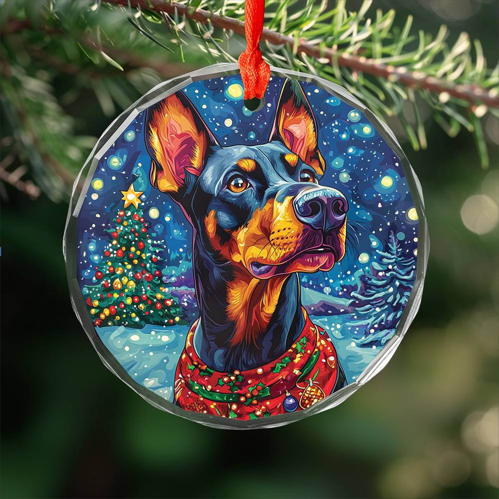 Beautiful Angus Doberman Pinscher Dog Christmas Night Design 1 Glass Ornament