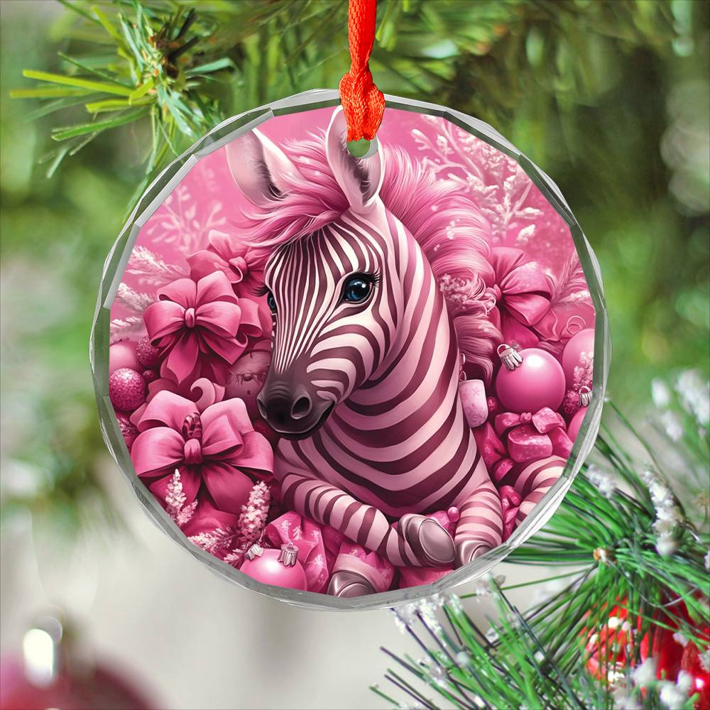 Zebra Pink Christmas Design 2 Glass Ornament