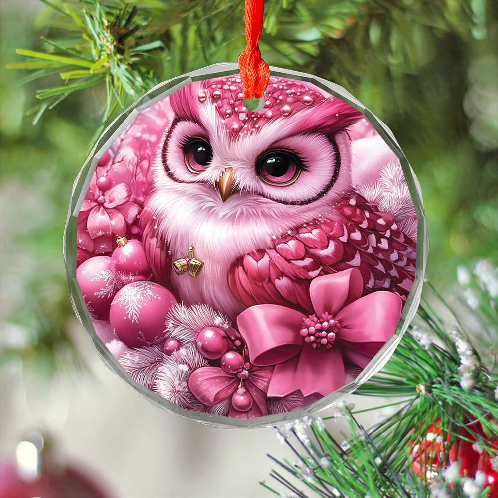 Owl Pink Christmas Design 1 Glass Ornament