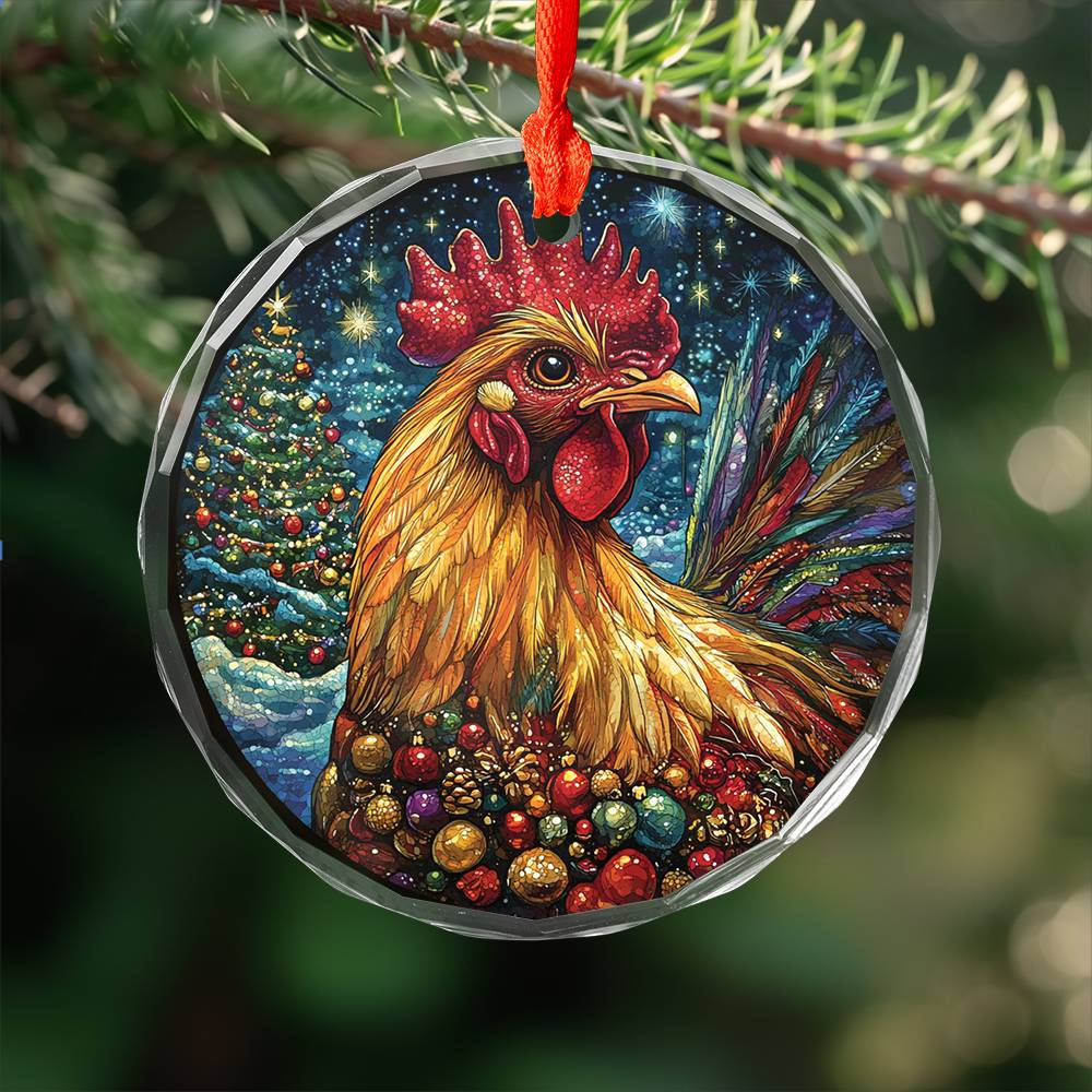 Beautiful Rooster Christmas Night Design 1 Glass Ornament