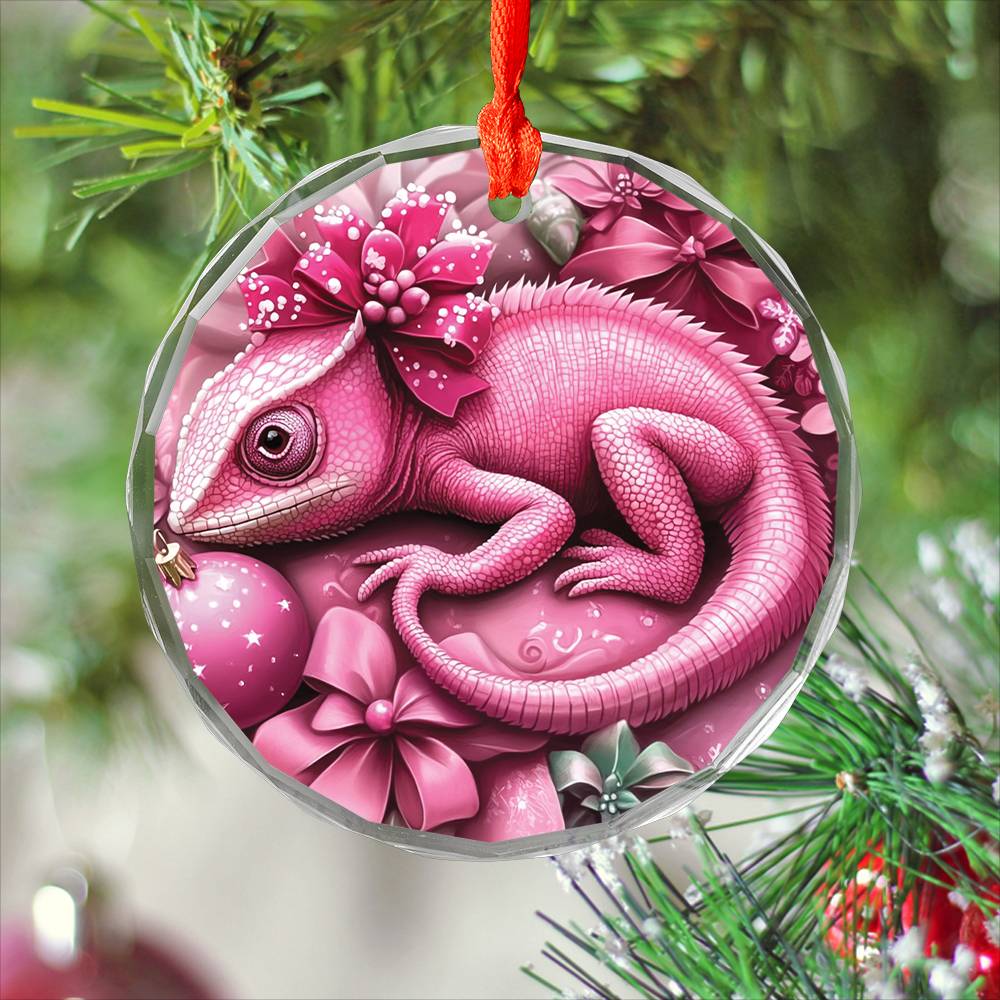 Chameleon Pink Christmas Design 1 Glass Ornament