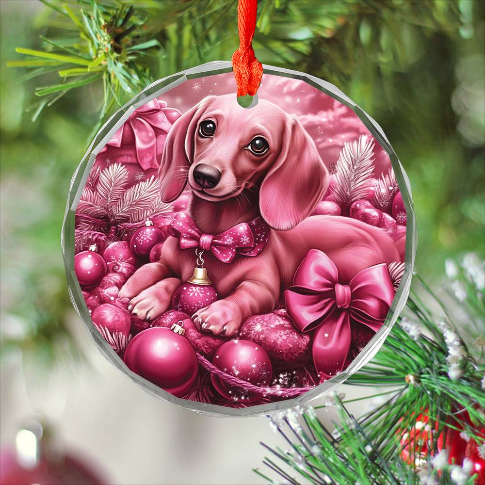 Dachshund Dog Pink Christmas Design 1 Glass Ornament