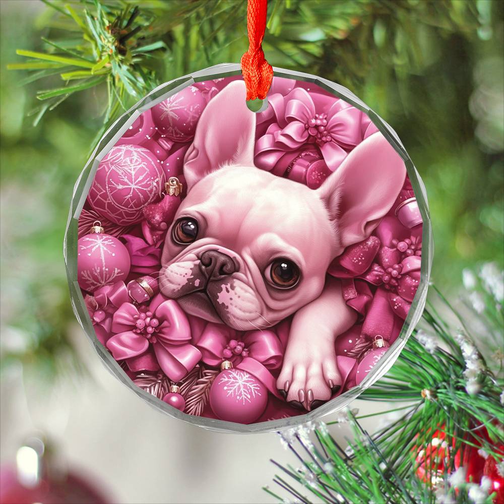 French Bulldog Pink Christmas Design 3 Glass Ornament