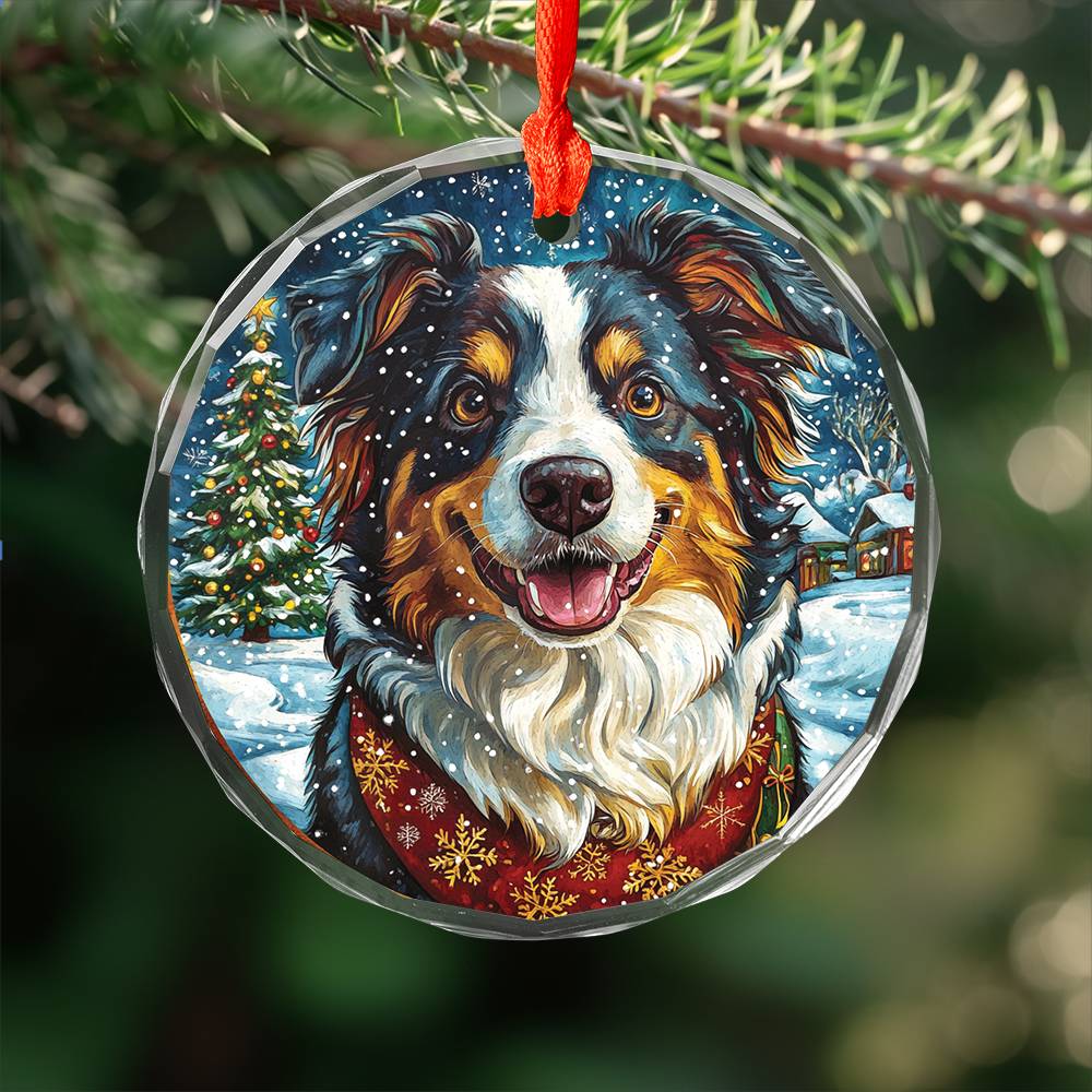 Beautiful Border Collie Dog Christmas Night Design 1 Glass Ornament