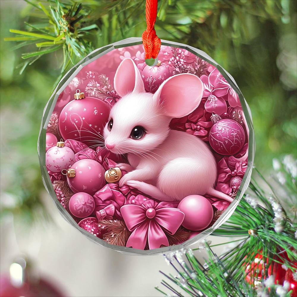 Mice Pink Christmas Design 2 Glass Ornament