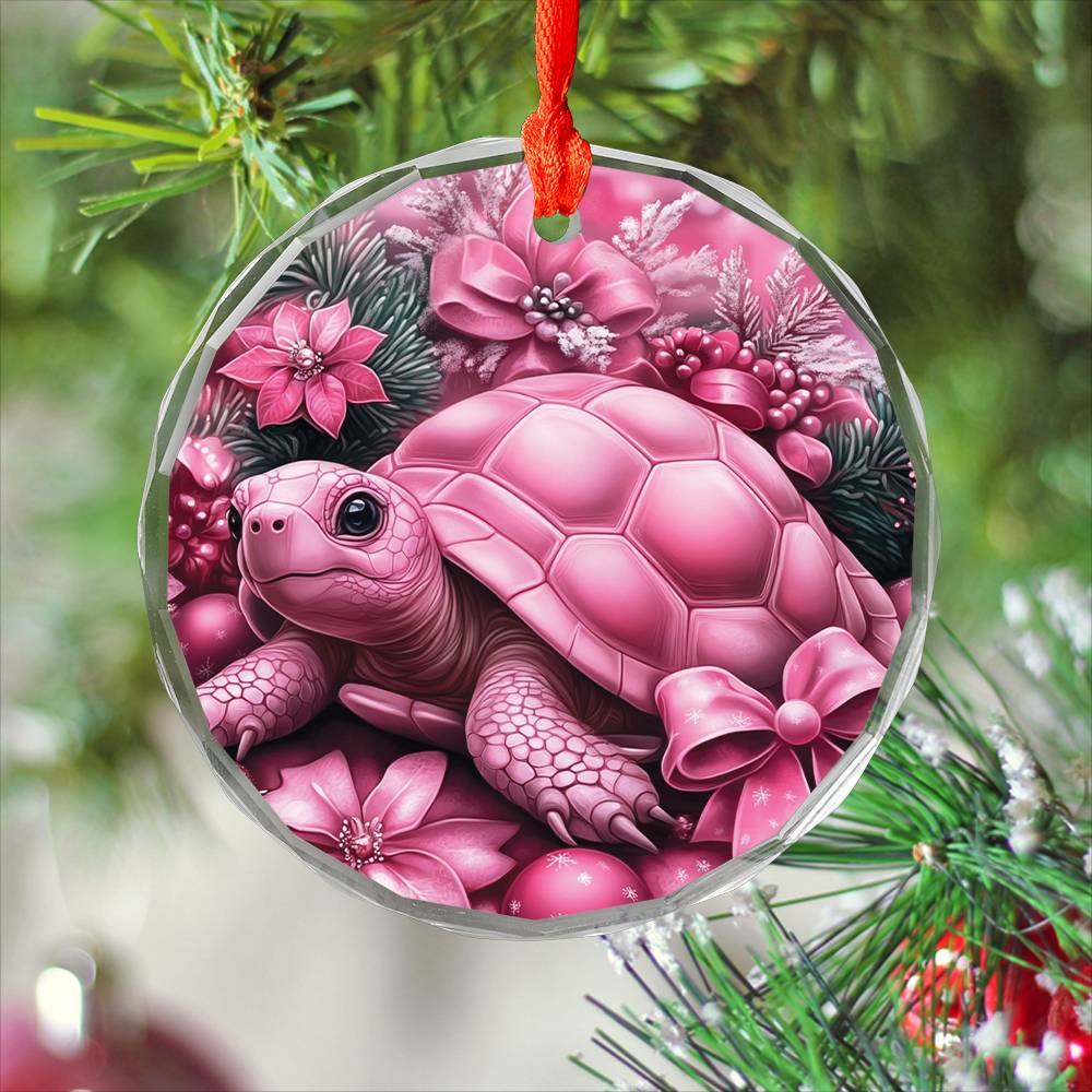 Tortoise Pink Christmas Design 1 Glass Ornament