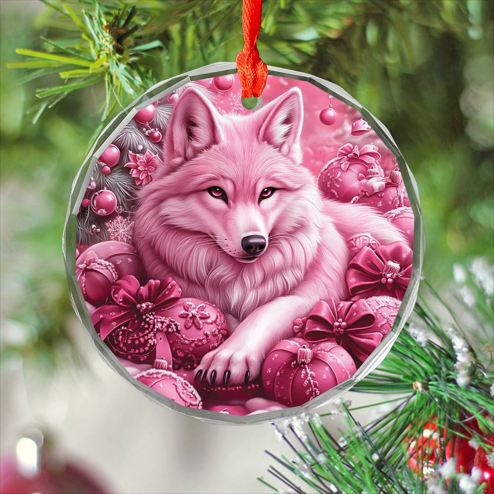 Wolf Pink Christmas Design 3 Glass Ornament