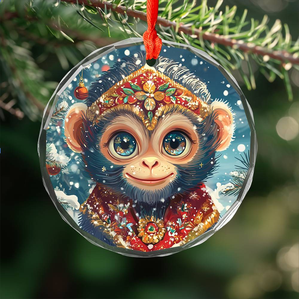 Beautiful Angus Monkey Christmas Night Design 2 Glass Ornament