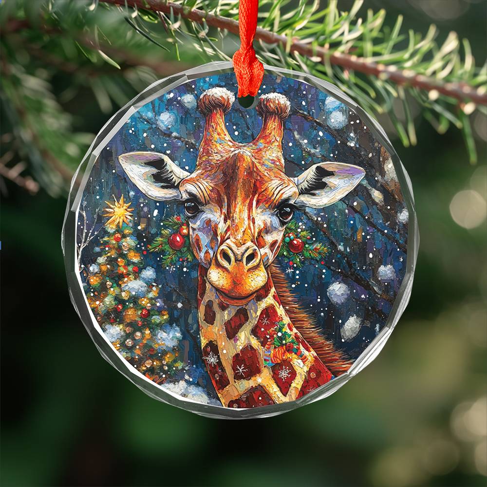 Beautiful Giraffe Christmas Night Design 3 Glass Ornament
